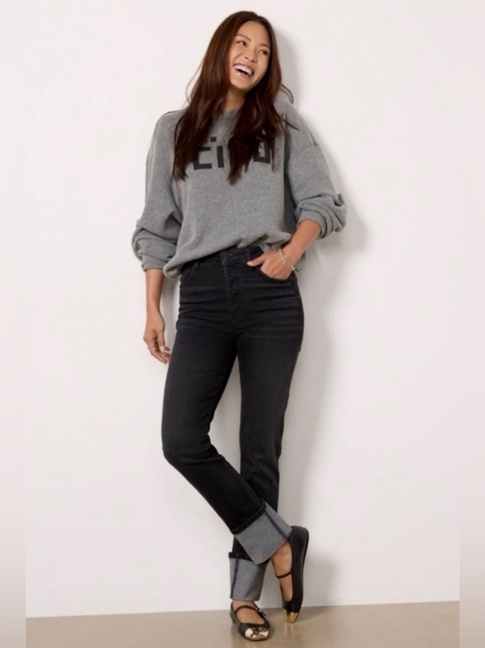 Evereve High-Rise Black The Ever Straight Jeans with Cuffed Hem 27